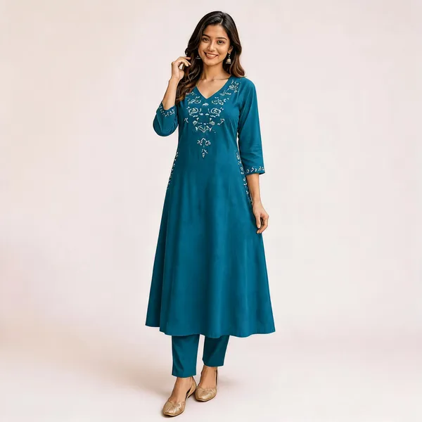 Teal_Embroidered_A-Line_Kurta_with_Pants_for_Women