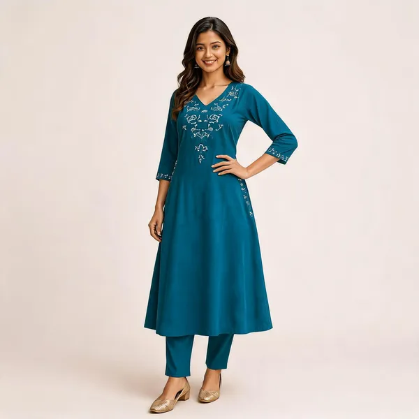 Teal_Embroidered_A-Line_Kurta_with_Pants_for_Women