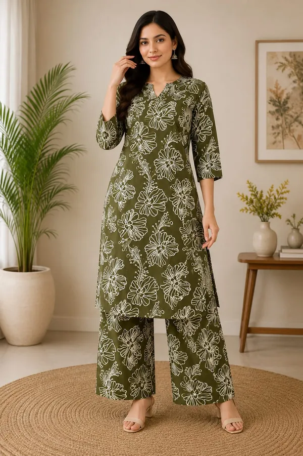 Olive_Green_Floral_Print_RayonCotton_Kurta_Set_for_Women