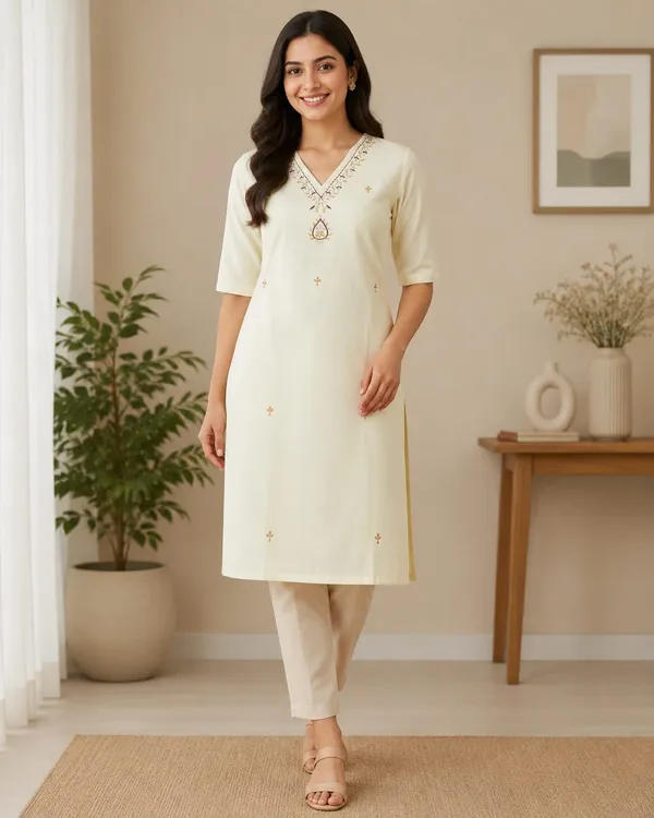 Cream_Embroidered_V-Neck_Kurta_for_Women