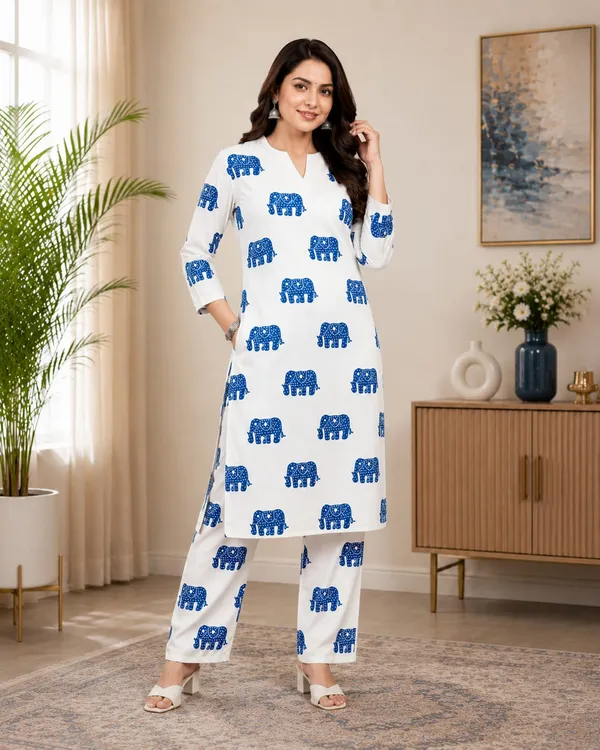 White_Cotton_Elephant_Print_Kurta_Set_for_Women