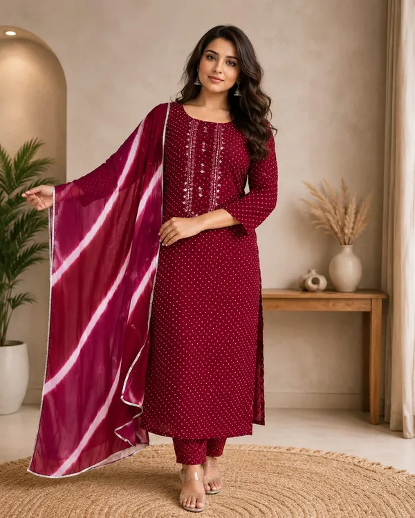 Maroon_leheriya_Georgette_three_piece_set
