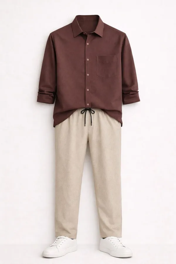 Brown_Beige_And_White_Cotton_Linen_Blend_Regular_Fit_Shirt_Pant_Shoes_Set_For_Men