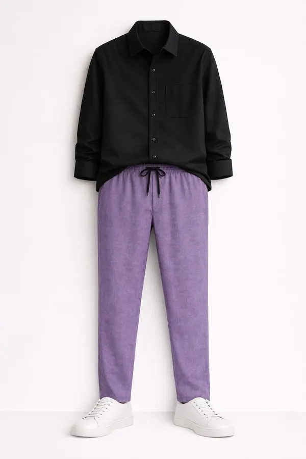 Black_Purple_And_White_Cotton-Linen_Regular_Fit_Shirt_Pant_Shoes_Set_For_Men