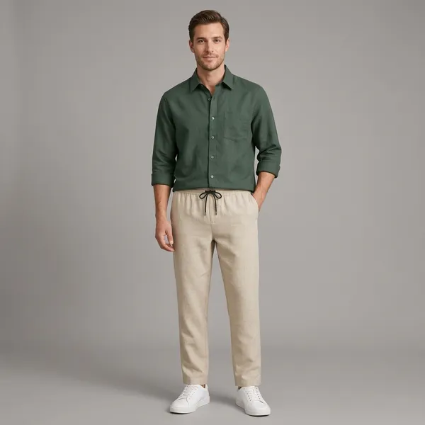 Green_Beige_And_White_Cotton-Linen_Regular_Fit_Shirt_Pant_Shoes_Set_For_Men