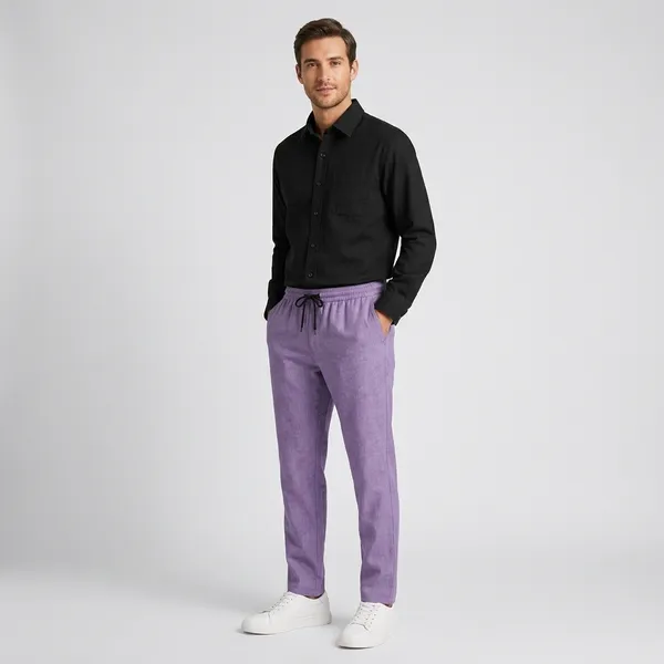 Black_Purple_And_White_Cotton-Linen_Regular_Fit_Shirt_Pant_Shoes_Set_For_Men
