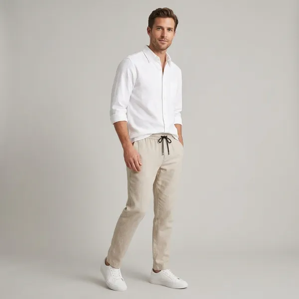 Beige_And_White_Cotton-Linen_Regular_Fit_Shirt_Pant_Shoes_Set_For_Men