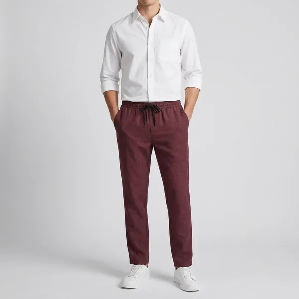 Maroon_And_White_Cotton-Linen_Regular_Fit_Shirt_Pant_Shoes_Set_For_Men