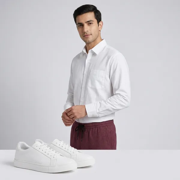 Maroon_And_White_Cotton-Linen_Regular_Fit_Shirt_Pant_Shoes_Set_For_Men
