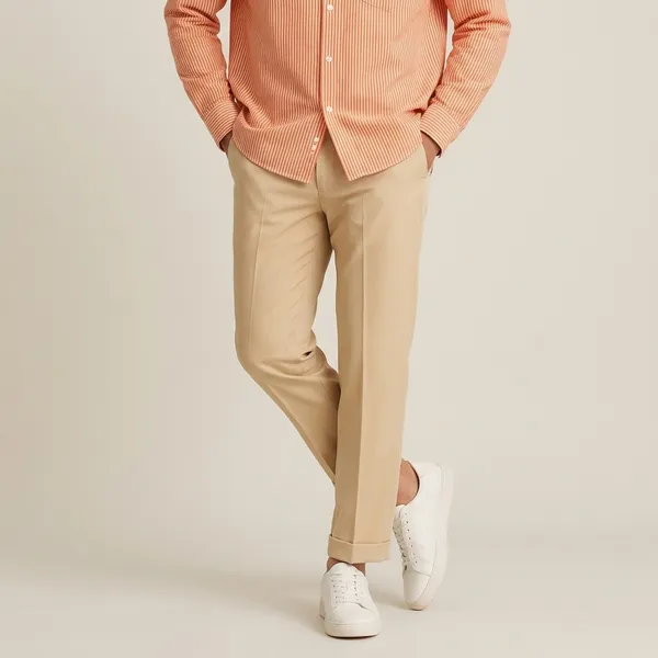Orange_Beige_And_White_Cotton_Shirt_Pant_And_Pu_Leather_Shoes_Set_For_Men