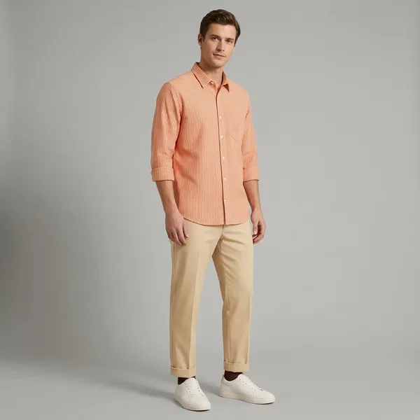 Orange_Beige_And_White_Cotton_Shirt_Pant_And_Pu_Leather_Shoes_Set_For_Men