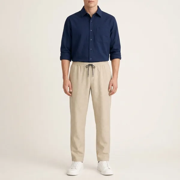 Teal_Beige_And_White_Cotton_Linen_Blend_Shirt_Pant_And_Pu_Leather_Shoes_Set_For_Men