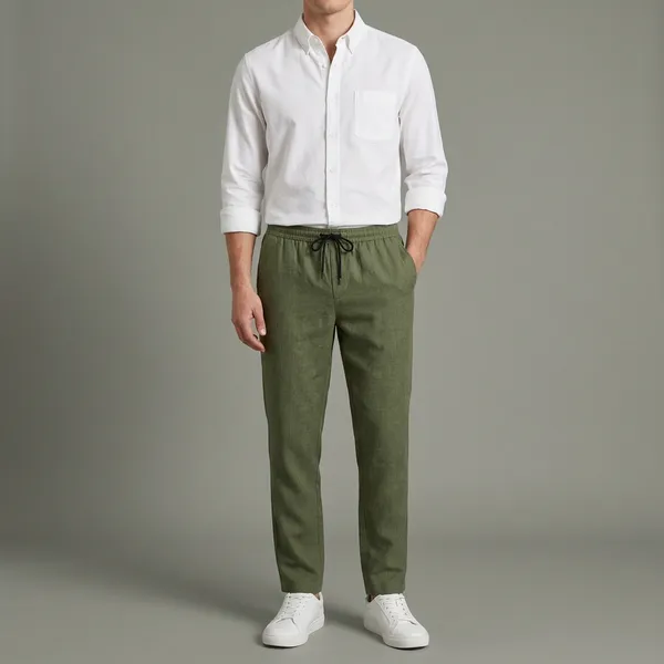 White_And_Green_Cotton_Linen_Blend_Shirt_Pant_And_Pu_Leather_Shoes_Set_For_Men
