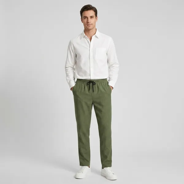 White_And_Green_Cotton_Linen_Blend_Shirt_Pant_And_Pu_Leather_Shoes_Set_For_Men