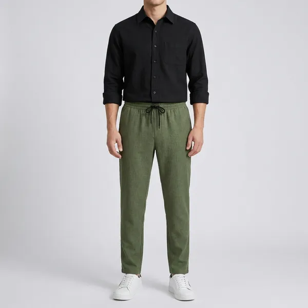 Black_Green_And_White_Cotton_Linen_Blend_Shirt_Pant_And_Pu_Leather_Shoes_Set_For_Men
