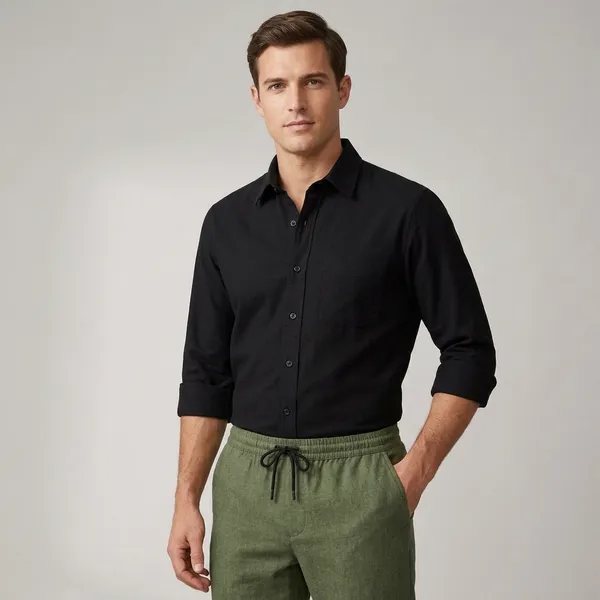 Black_Green_And_White_Cotton_Linen_Blend_Shirt_Pant_And_Pu_Leather_Shoes_Set_For_Men
