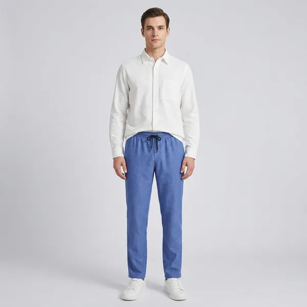 Blue_And_White_Cotton_Linen_Blend_Shirt_Pant_And_Pu_Leather_Shoes_Set_For_Men