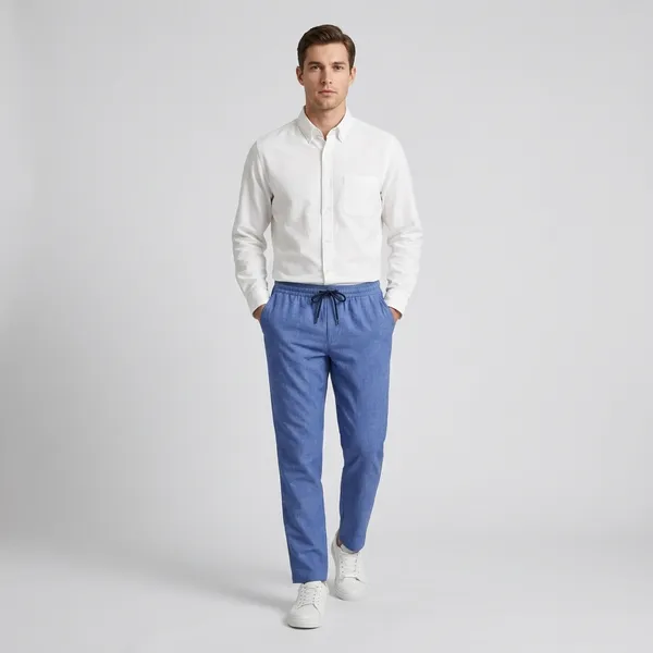 Blue_And_White_Cotton_Linen_Blend_Shirt_Pant_And_Pu_Leather_Shoes_Set_For_Men