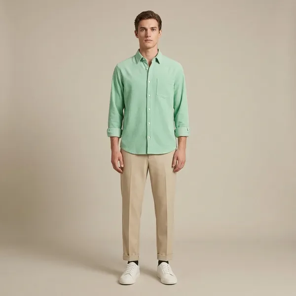Green_Beige_And_White_Cotton_Shirt_Pant_And_Pu_Leather_Shoes_Set_For_Men