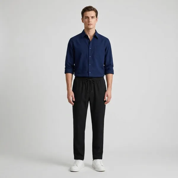 Navy_Black_And_White_Cotton_Shirt_Pant_And_Pu_Leather_Shoes_Set_For_Men