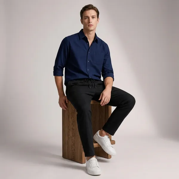 Navy_Black_And_White_Cotton_Shirt_Pant_And_Pu_Leather_Shoes_Set_For_Men