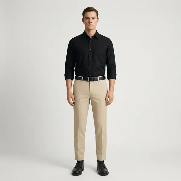 Black_And_Beige_Cotton_Shirt_Pant_And_Pu_Leather_Shoes_Set_For_Men