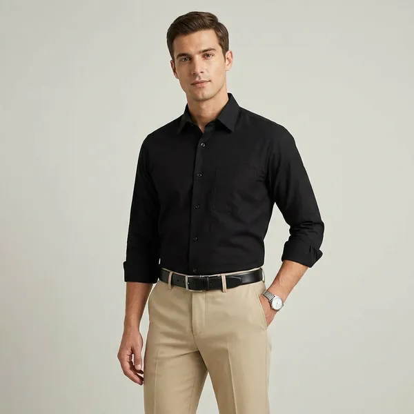 Black_And_Beige_Cotton_Shirt_Pant_And_Pu_Leather_Shoes_Set_For_Men