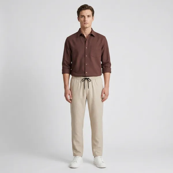 Brown_Beige_And_White_Cotton_Linen_Blend_Regular_Fit_Shirt_Pant_Shoes_Set_For_Men