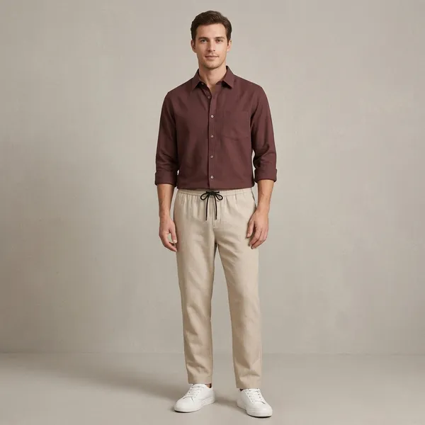 Brown_Beige_And_White_Cotton_Linen_Blend_Regular_Fit_Shirt_Pant_Shoes_Set_For_Men