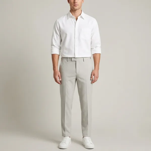 White_And_Grey_Cotton_Blend_Regular_Fit_Shirt_Pant_Shoes_Set_For_Men