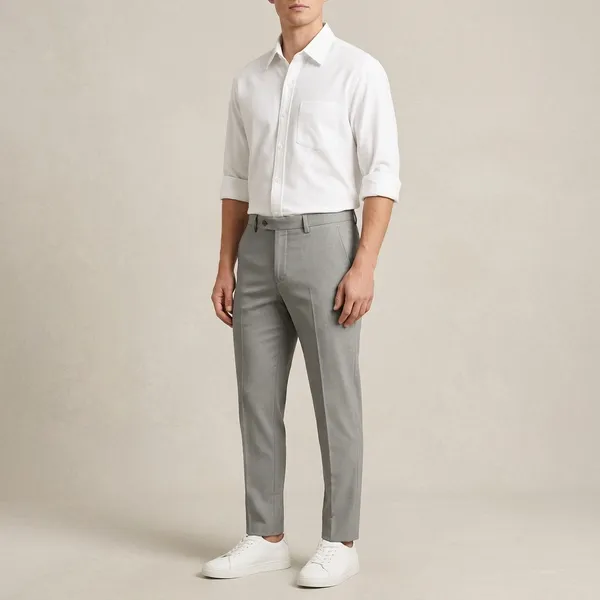 White_And_Grey_Cotton_Blend_Regular_Fit_Shirt_Pant_Shoes_Set_For_Men