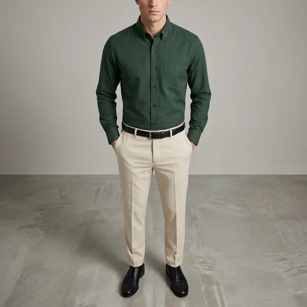 Green_Beige_And_Black_Cotton_Blend_Regular_Fit_Shirt_Pant_Shoes_Set_For_Men