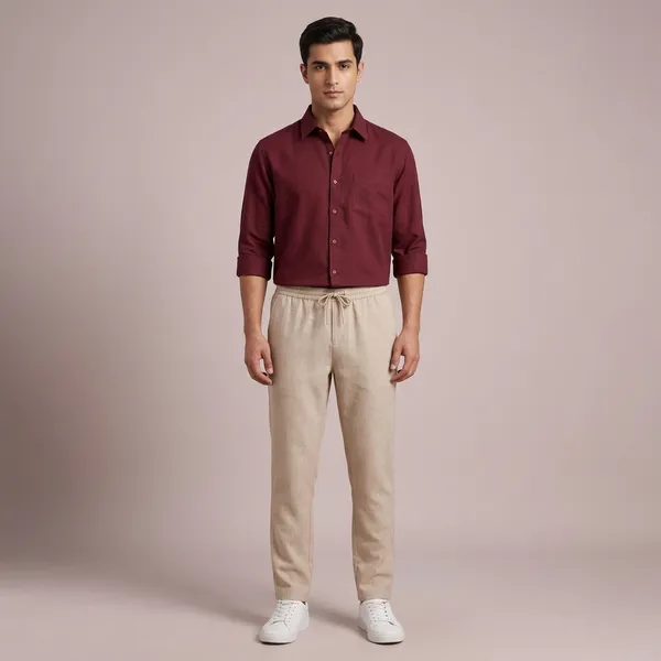 Maroon_Beige_And_White_Cotton_Linen_Blend_Regular_Fit_Shirt_Pant_Shoes_Set_For_Men