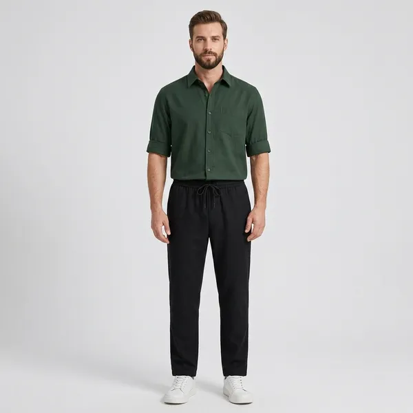 Green_Black_And_White_Cotton_Linen_Blend_Regular_Fit_Shirt_Pant_Shoes_Set_For_Men