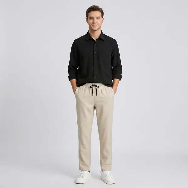 Black_Beige_And_White_Cotton_Linen_Blend_Regular_Fit_Shirt_Pant_Shoes_Set_For_Men