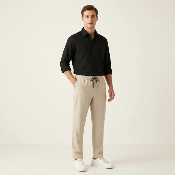 Black_Beige_And_White_Cotton_Linen_Blend_Regular_Fit_Shirt_Pant_Shoes_Set_For_Men