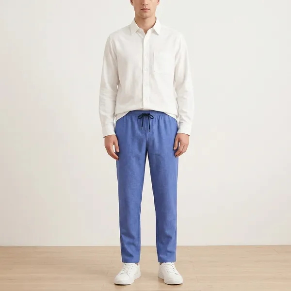 Blue_And_White_Cotton_Linen_Blend_Regular_Fit_Shirt_Pant_Shoes_Set_For_Men