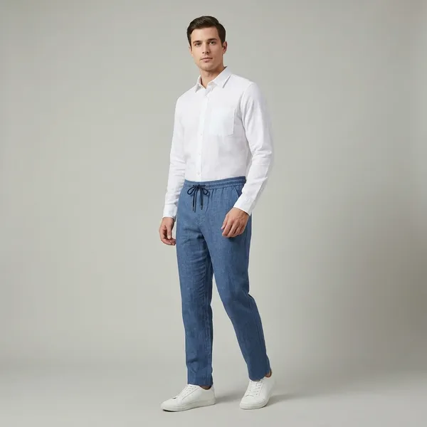 Blue_And_White_Cotton_Linen_Blend_Regular_Fit_Shirt_Pant_Shoes_Set_For_Men
