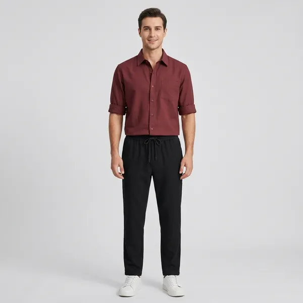 Rust_Black_And_White_Cotton_Linen_Blend_Regular_Fit_Shirt_Pant_Shoes_Set_For_Men