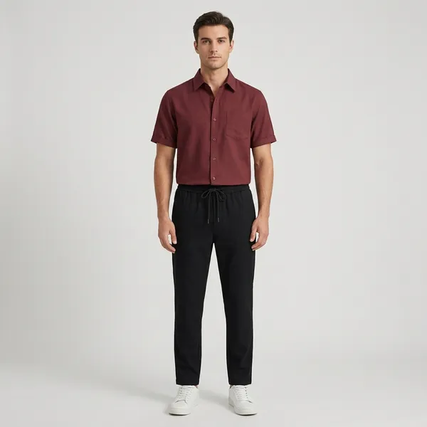 Rust_Black_And_White_Cotton_Linen_Blend_Regular_Fit_Shirt_Pant_Shoes_Set_For_Men