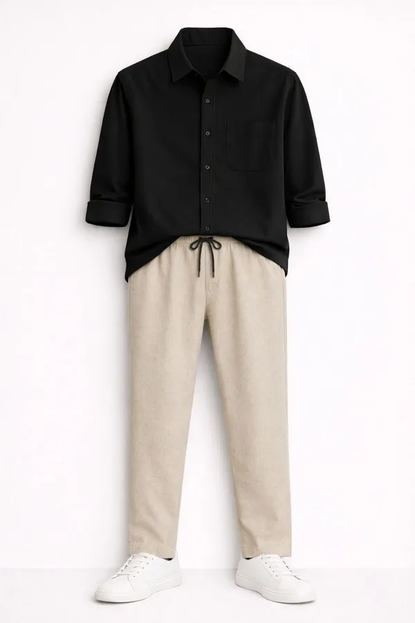 Black_Beige_And_White_Cotton_Linen_Blend_Regular_Fit_Shirt_Pant_Shoes_Set_For_Men