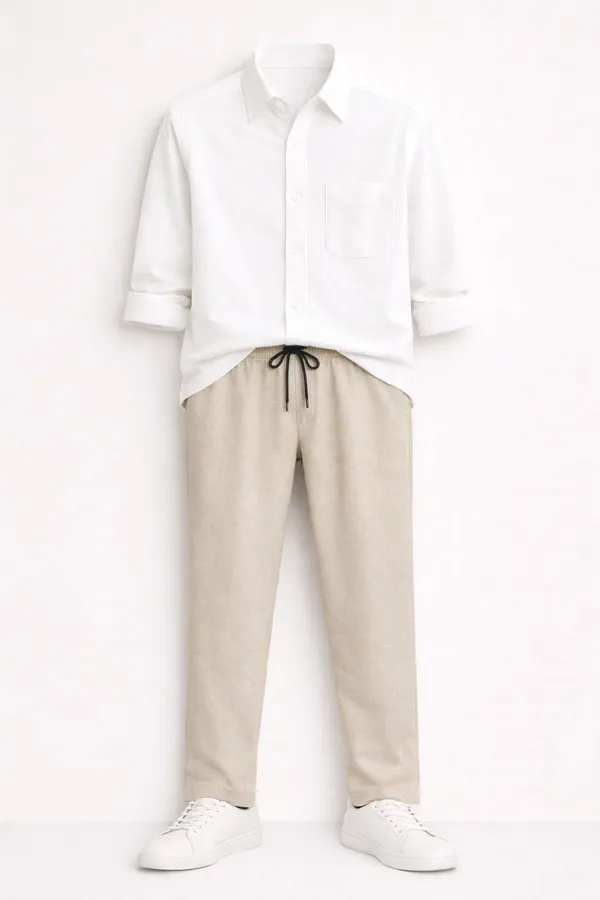 Beige_And_White_Cotton-Linen_Regular_Fit_Shirt_Pant_Shoes_Set_For_Men
