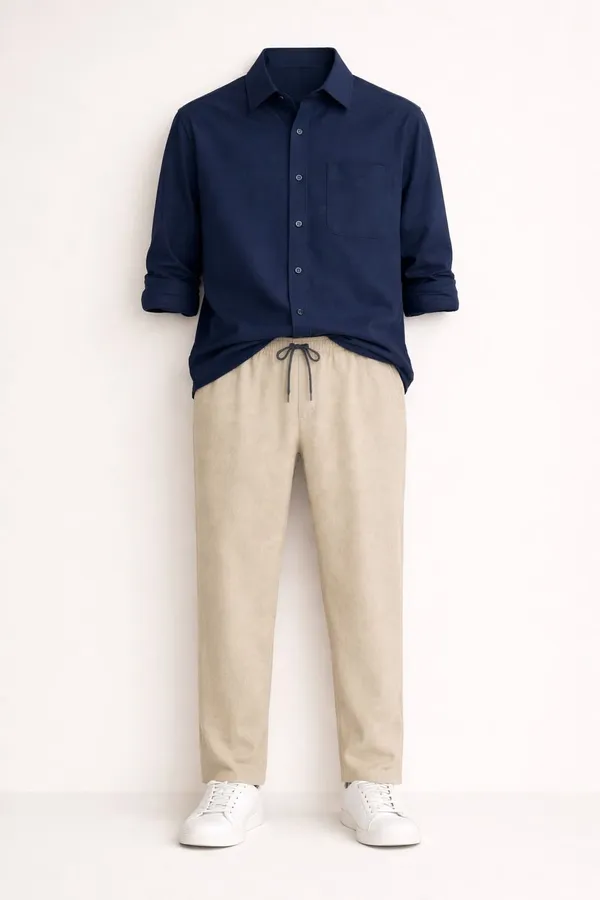 Teal_Beige_And_White_Cotton_Linen_Blend_Shirt_Pant_And_Pu_Leather_Shoes_Set_For_Men