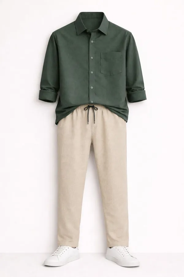 Green_Beige_And_White_Cotton-Linen_Regular_Fit_Shirt_Pant_Shoes_Set_For_Men