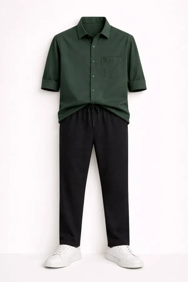 Green_Black_And_White_Cotton_Linen_Blend_Regular_Fit_Shirt_Pant_Shoes_Set_For_Men