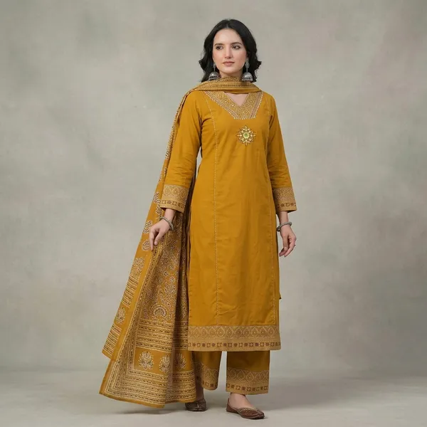 Mustard_Cotton_Embroidered_Straight_Kurta_Set_With_Dupatta_For_Women