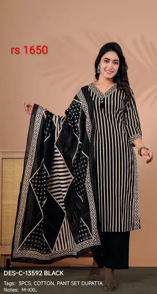 Black_Cotton_Striped_Straight_Kurta_Pant_Set_With_Dupatta_For_Women