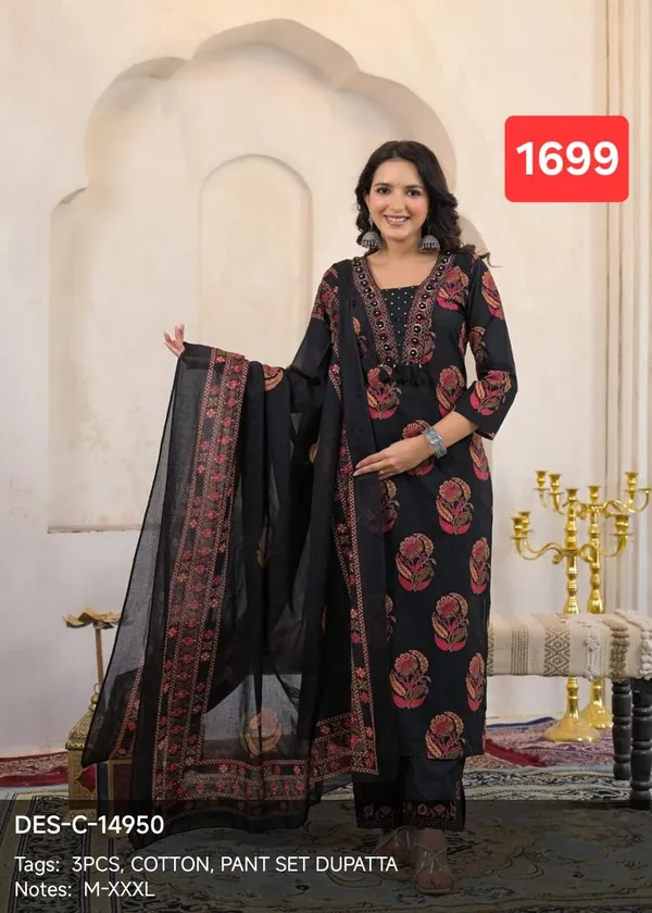 Black_Cotton_Floral_Embroidered_Kurta_Set_With_Dupatta_For_Women