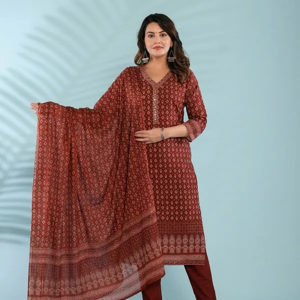 Maroon_Cotton_Printed_Straight_Kurta_Set_With_Dupatta_For_Women