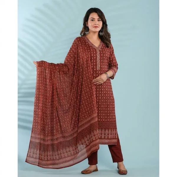Maroon_Cotton_Printed_Straight_Kurta_Set_With_Dupatta_For_Women